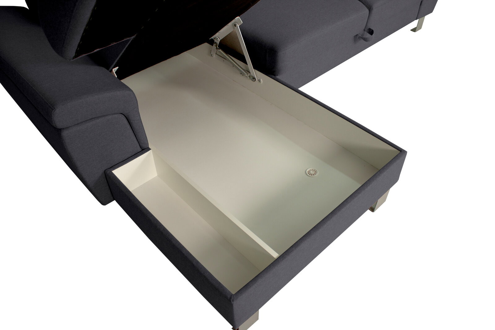 Geöffneter Stauraum einer grauen Rundecke, von oben betrachtet.