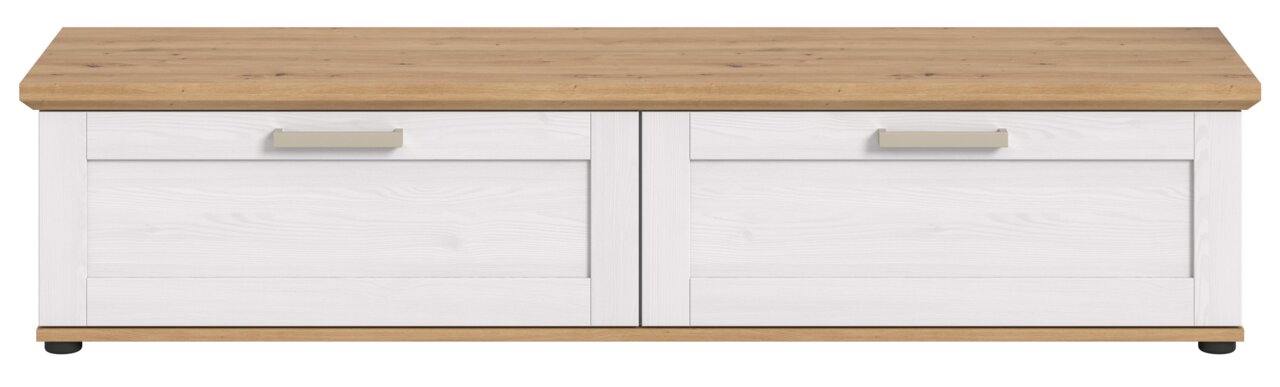 Frontale Ansicht eines Lowboards mit Holzoberfläche und weißen Schubladen.