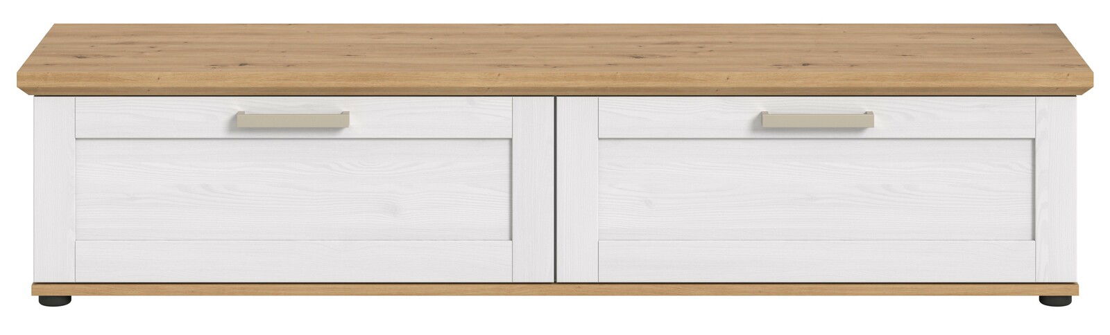 Frontale Ansicht eines Lowboards mit Holzoberfläche und weißen Schubladen.