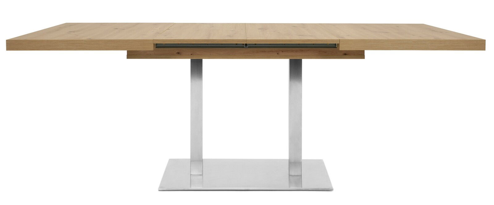 Moderner Esstisch aus Holz mit Metallfuß, frontal betrachtet.