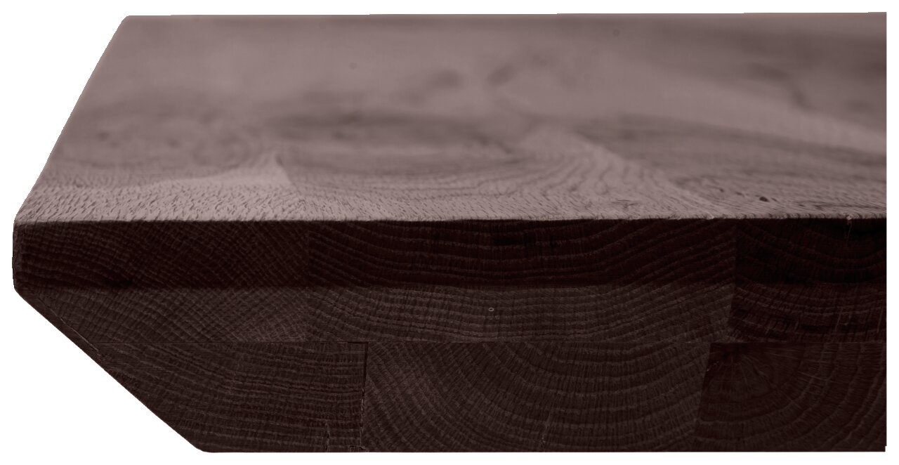 Waldwelt Tischplatte Nahaufnahme einer Tischplatte aus Holz mit sichtbarer Maserung und abgeschrägter Kante, seitliche Perspektive.