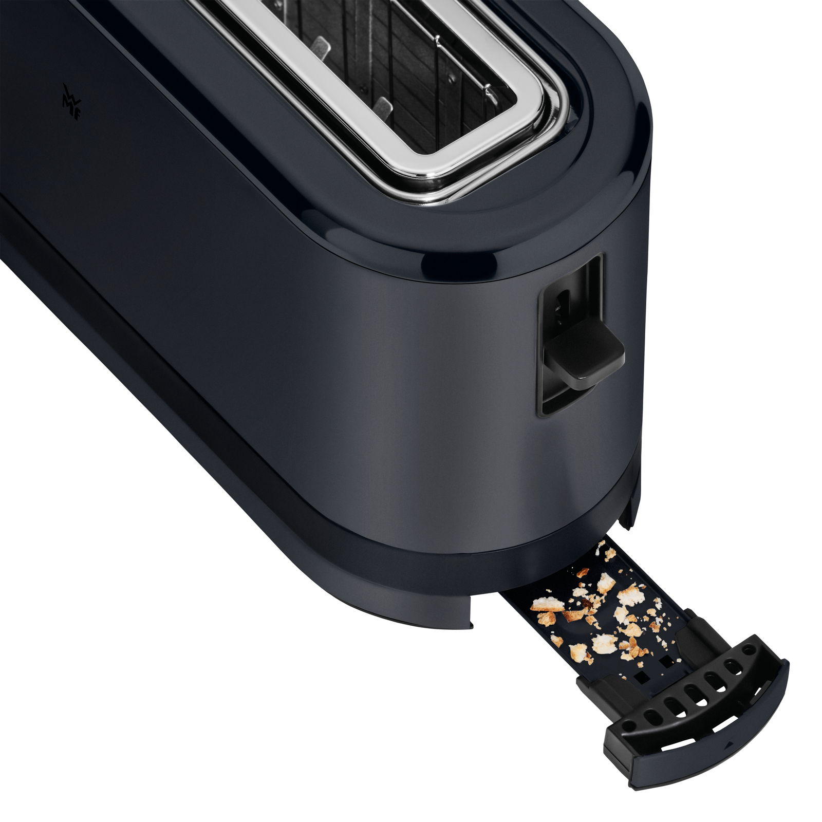 Langschlitztoaster in tiefschwarz mit herausziehbarer Krümelschublade, seitliche Perspektive