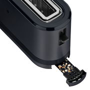 Langschlitztoaster in tiefschwarz mit herausziehbarer Krümelschublade, seitliche Perspektive