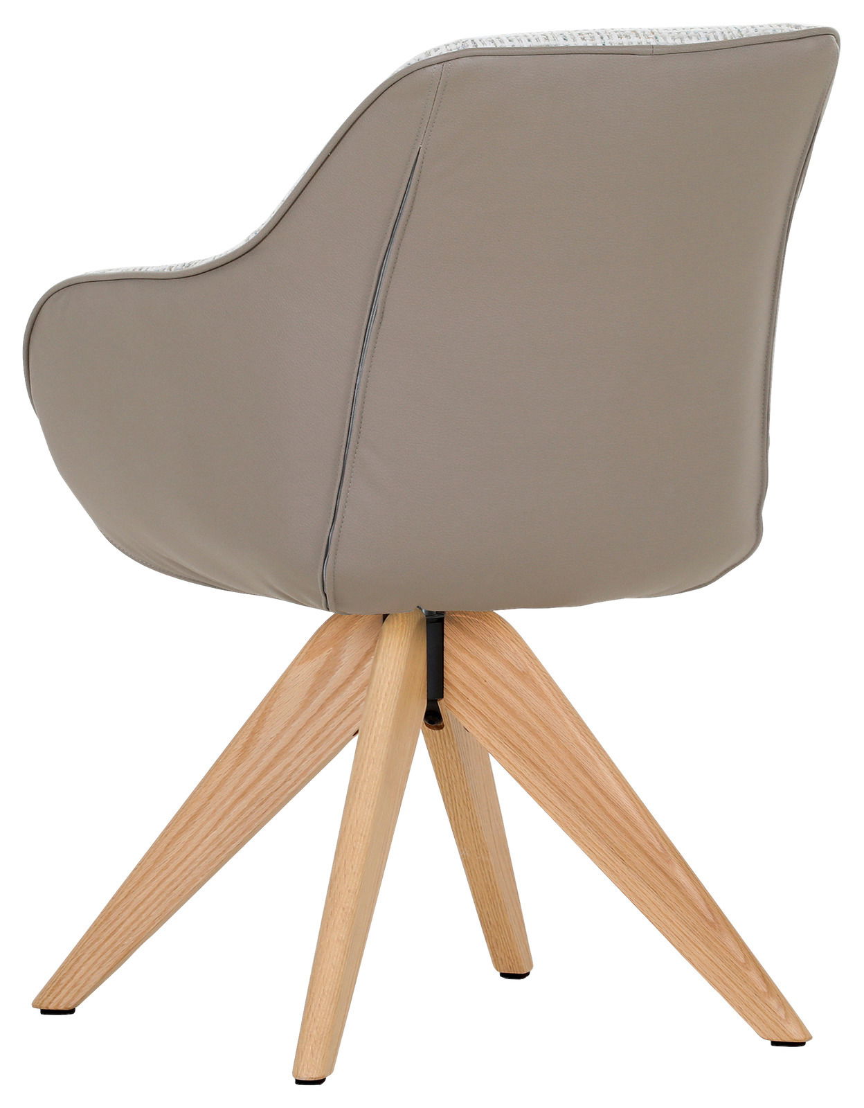 Rückansicht eines modernen Armlehnstuhls mit beigem Polster und Holzbeinen.