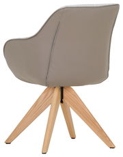 Rückansicht eines modernen Armlehnstuhls mit beigem Polster und Holzbeinen.