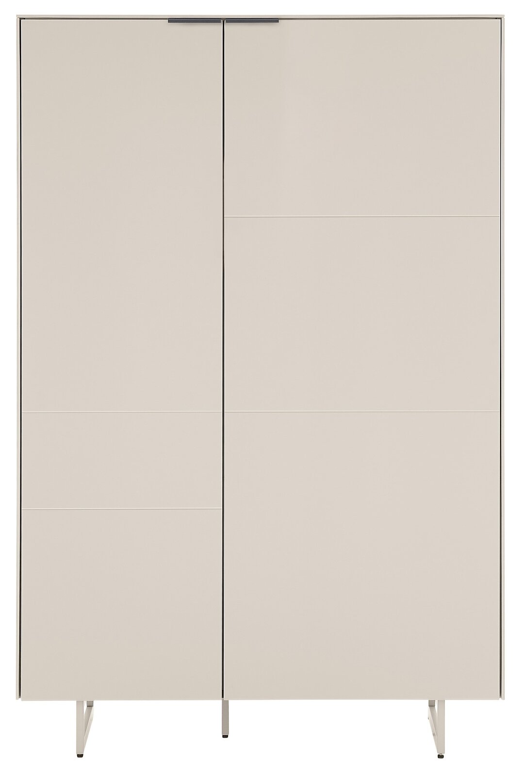 Beiger, moderner Schrank mit zwei glatten Türen und schlanken Metallfüßen, frontale Ansicht vor weißem Hintergrund