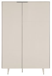 Beiger, moderner Schrank mit zwei glatten Türen und schlanken Metallfüßen, frontale Ansicht vor weißem Hintergrund