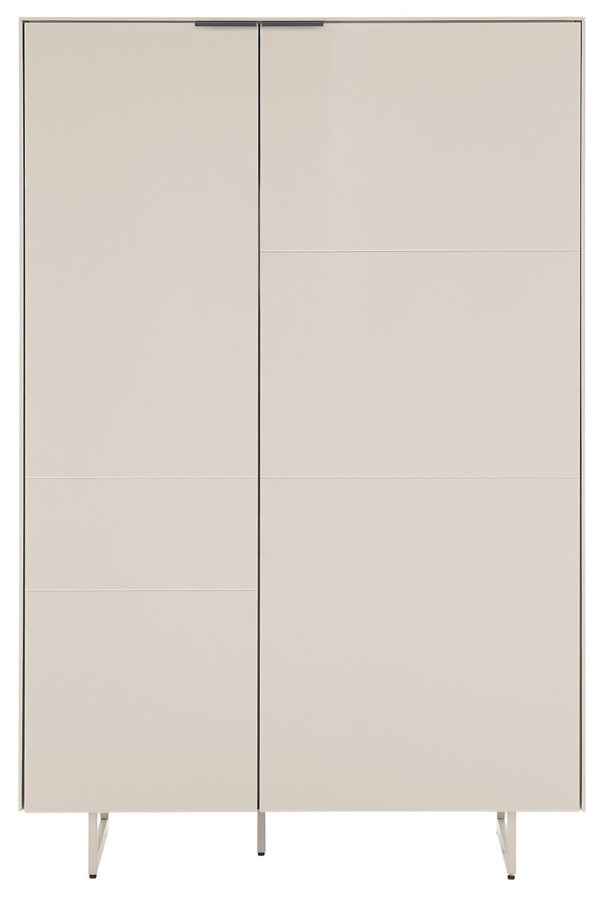 Beige, moderne kast met twee gladde deuren en slanke metalen poten, vooraanzicht tegen een witte achtergrond