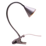 LED-Klemmleuchte mit flexiblem Hals und silbernem Korpus, seitliche Perspektive
