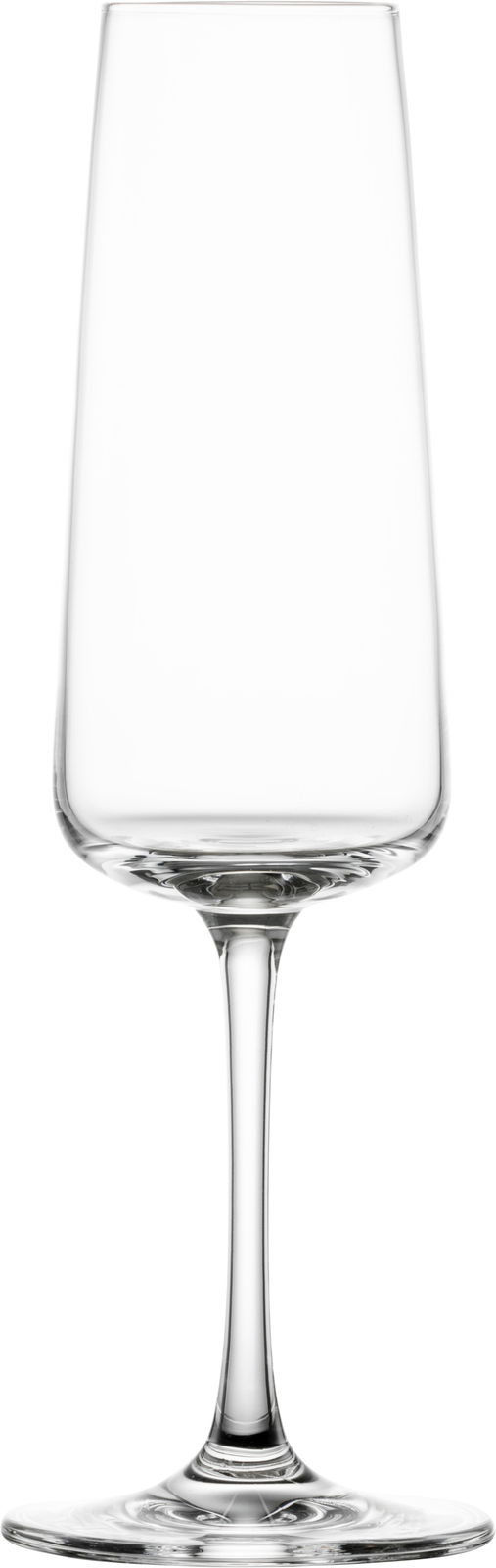 Elegantes Sektglas aus klarem Glas, frontal abgebildet.
