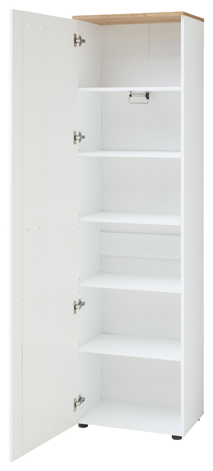 Offener weißer Garderobenschrank mit mehreren Regalböden, Ansicht von vorne links