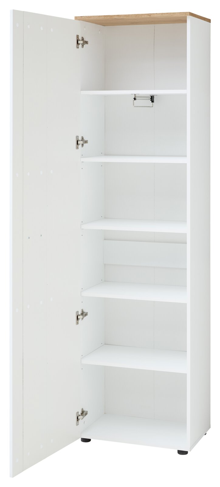 Offener weißer Garderobenschrank mit mehreren Regalböden, Ansicht von vorne links