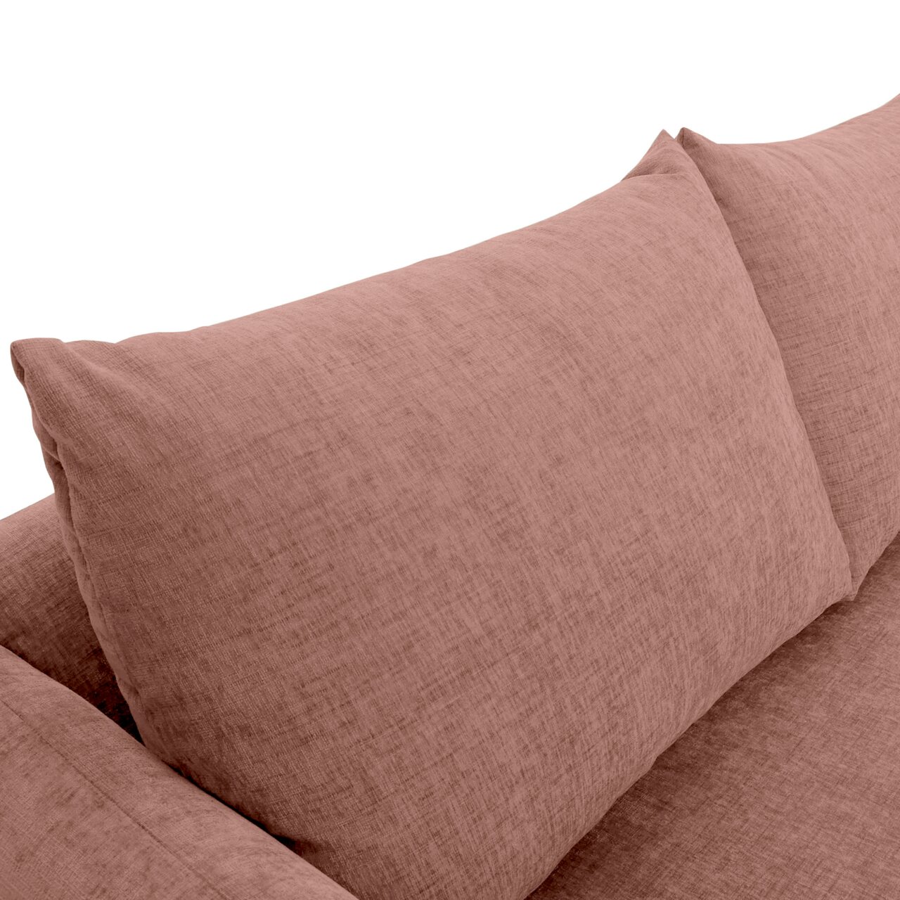 Close-up van een roze zithoek met zachte kussens.