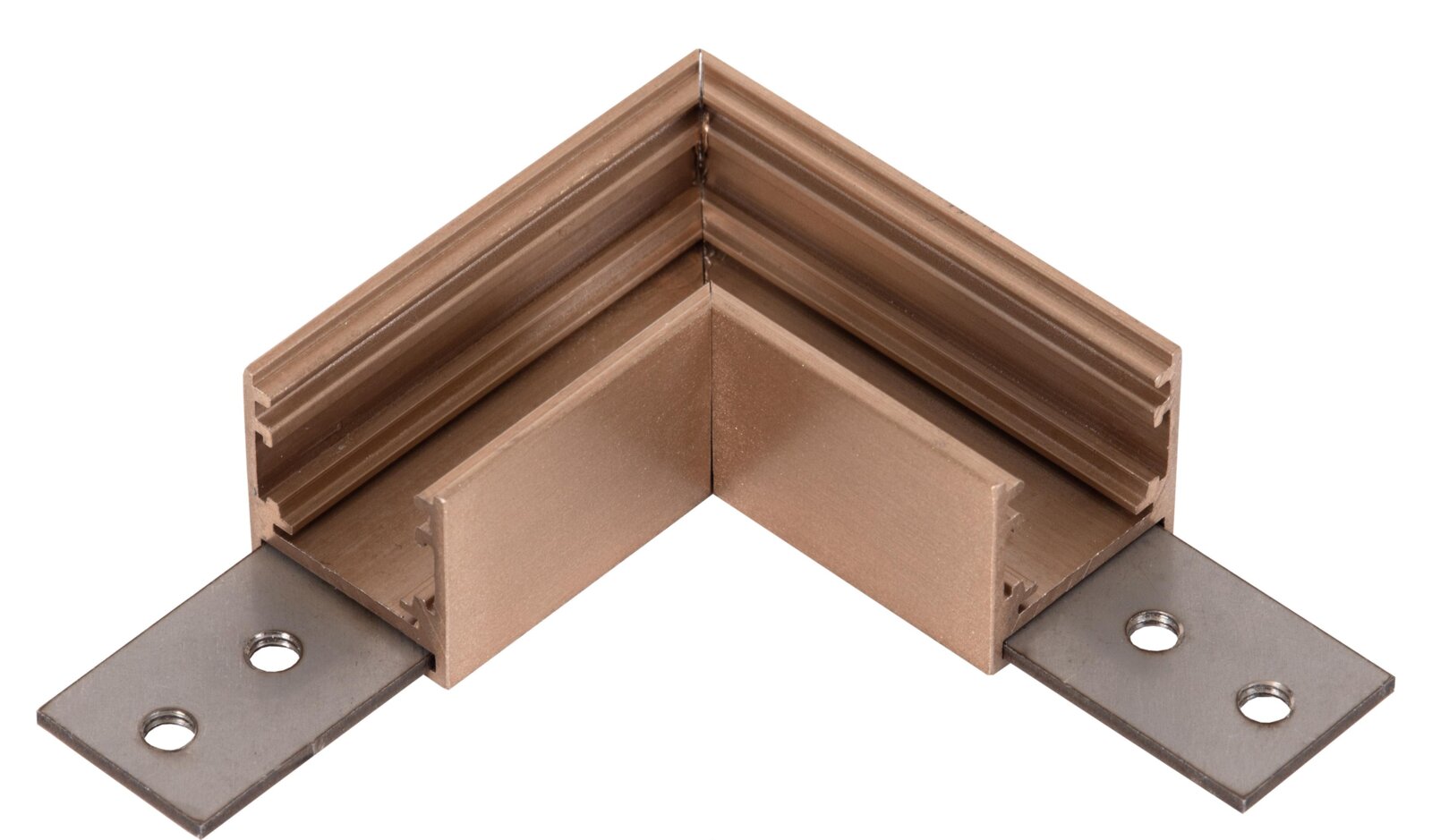 Koperkleurige L-vormige hoekconnector/railprofiel met twee roestvrijstalen montageplaten met schroefgaten, productfoto in close-up vanuit schuin bovenaanzicht op witte achtergrond