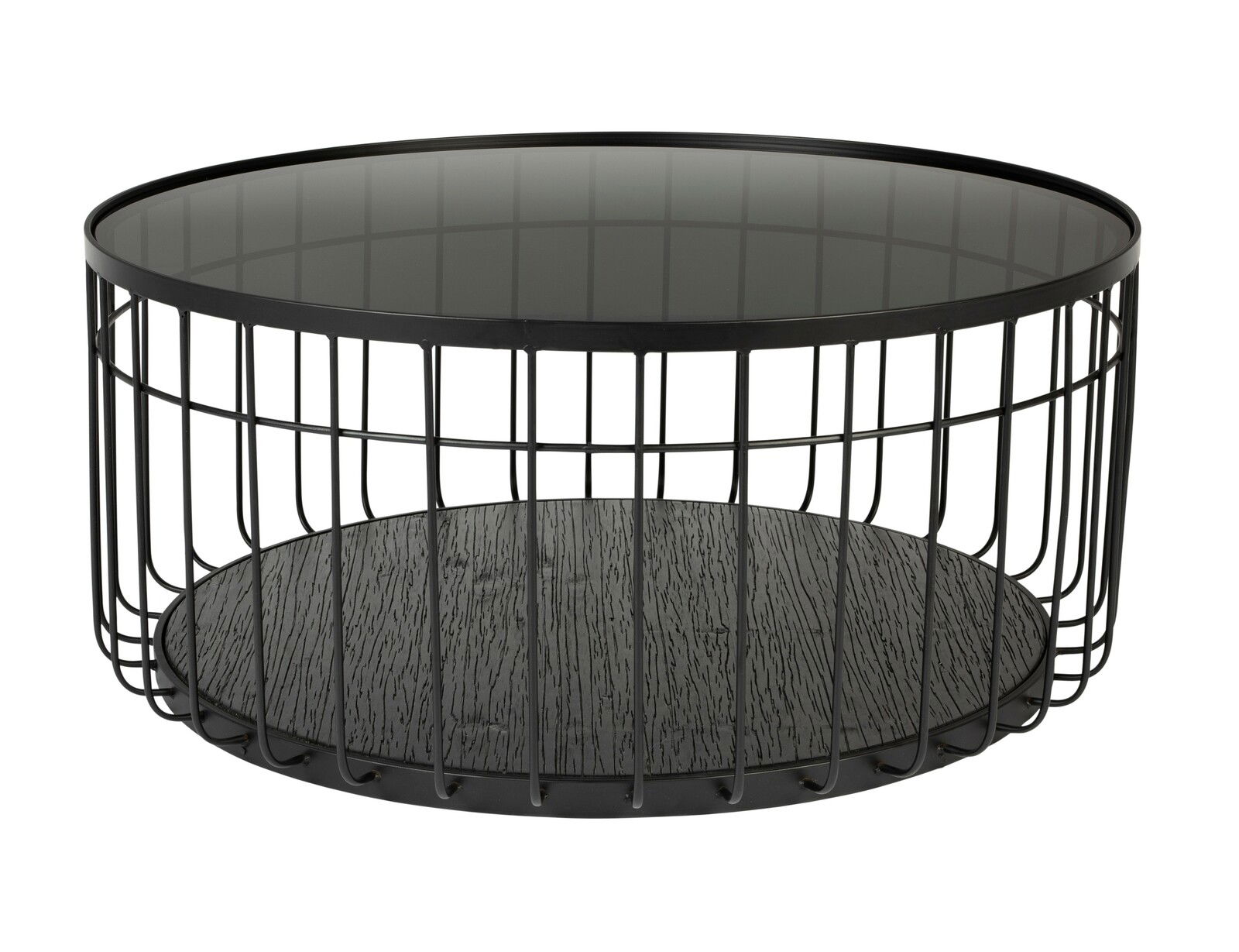 Runder Couchtisch mit schwarzem Metallgestell und Glasplatte, seitliche Perspektive