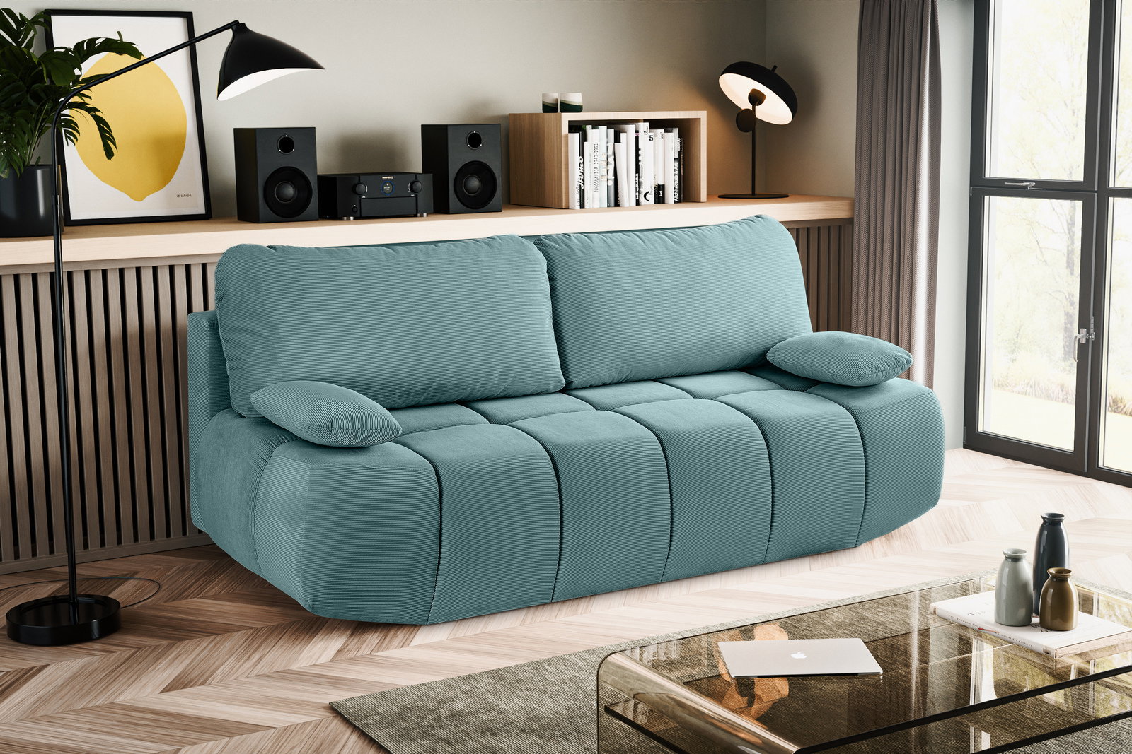Schlafsofa in einem modernen Wohnzimmer, seitliche Perspektive