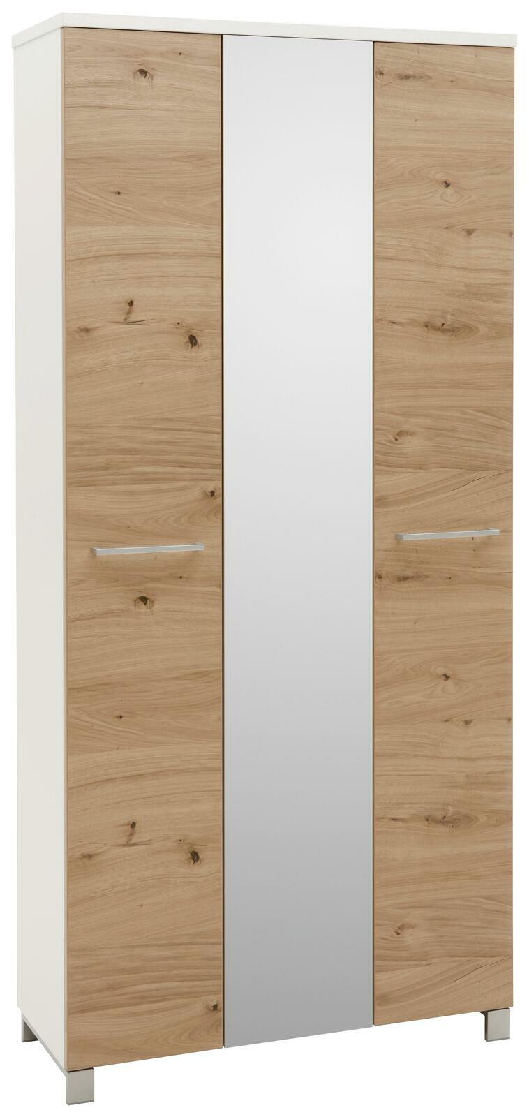 Moderner XL-Dielenschrank mit Holzoptik und Spiegeltür, Frontalansicht