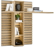 Modernes Wandregal aus hellem Holz mit horizontalen Lamellen und integriertem offenen Fach mit LED-Beleuchtung, dekoriert mit Büchern und Accessoires, Frontansicht in leichter Schrägperspektive von links