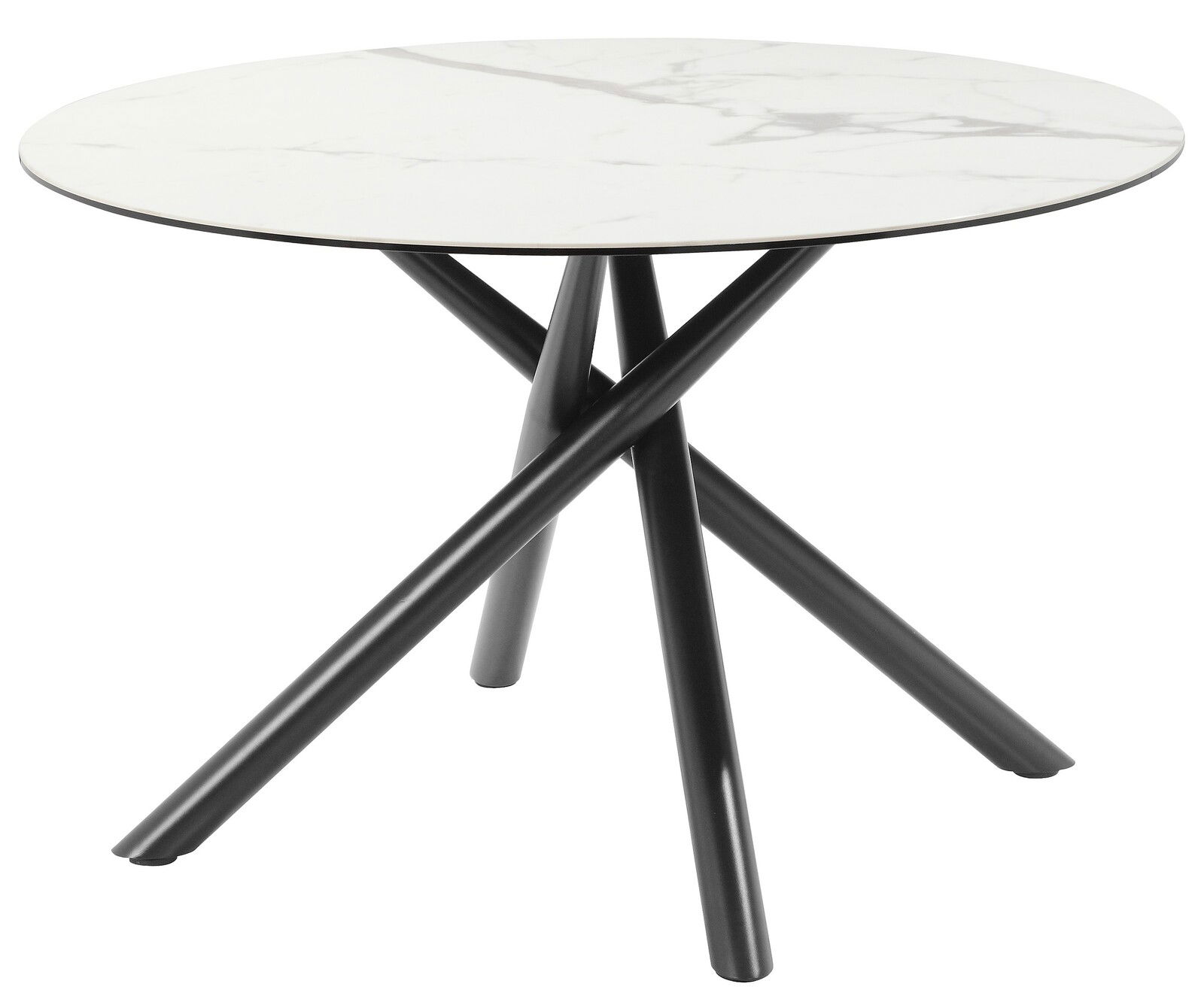 Runder Esstisch mit weißer Marmoroptik-Tischplatte und schwarzen, überkreuzten Metallbeinen, seitliche Perspektive