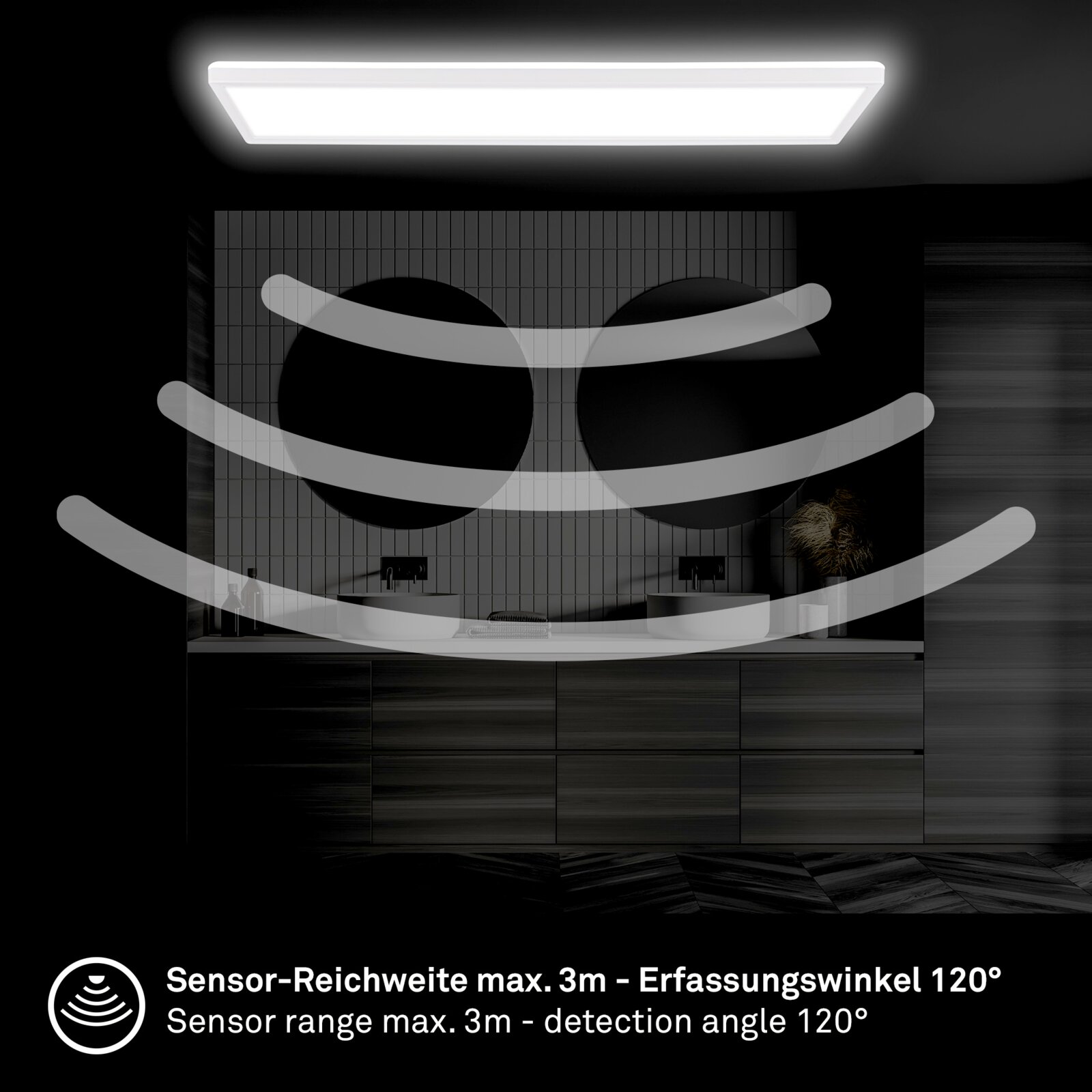 Rechteckige LED-Deckenleuchte mit Bewegungssensor, montiert an der Decke eines modernen Badezimmers. Perspektive von unten, zeigt die Sensorreichweite von 3 Metern und einen Erfassungswinkel von 120 Grad.