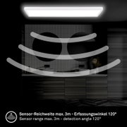 Rechteckige LED-Deckenleuchte mit Bewegungssensor, montiert an der Decke eines modernen Badezimmers. Perspektive von unten, zeigt die Sensorreichweite von 3 Metern und einen Erfassungswinkel von 120 Grad.
