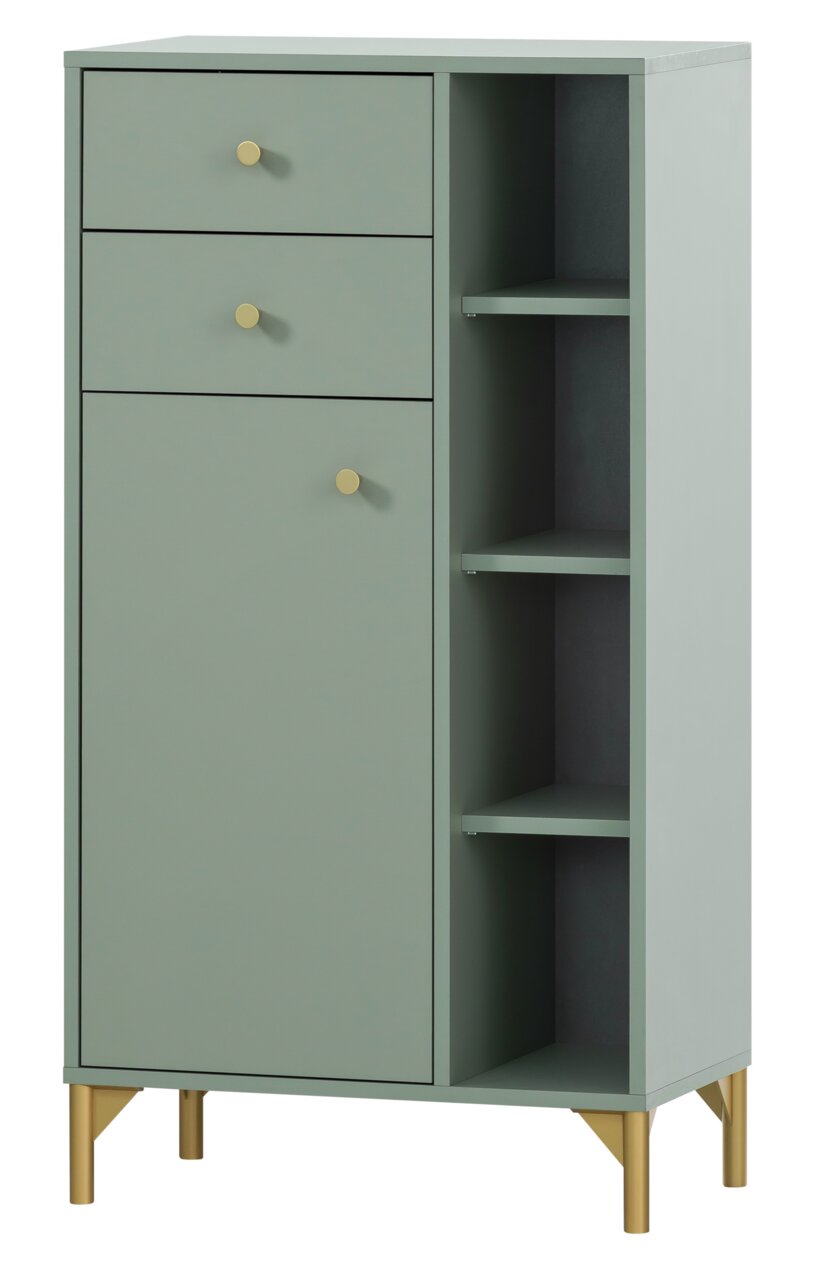 Stylife Highboard ANDO Grünes Highboard mit zwei Schubladen, einer Tür und offenen Regalfächern, goldene Griffe und Beine, Frontalansicht