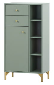 Grünes Highboard mit zwei Schubladen, einer Tür und offenen Regalfächern, goldene Griffe und Beine, Frontalansicht