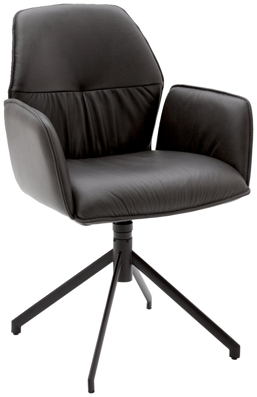 Zwarte fauteuil met een modern ontwerp, draaibare voet en gestoffeerde armleuningen, zijaanzicht