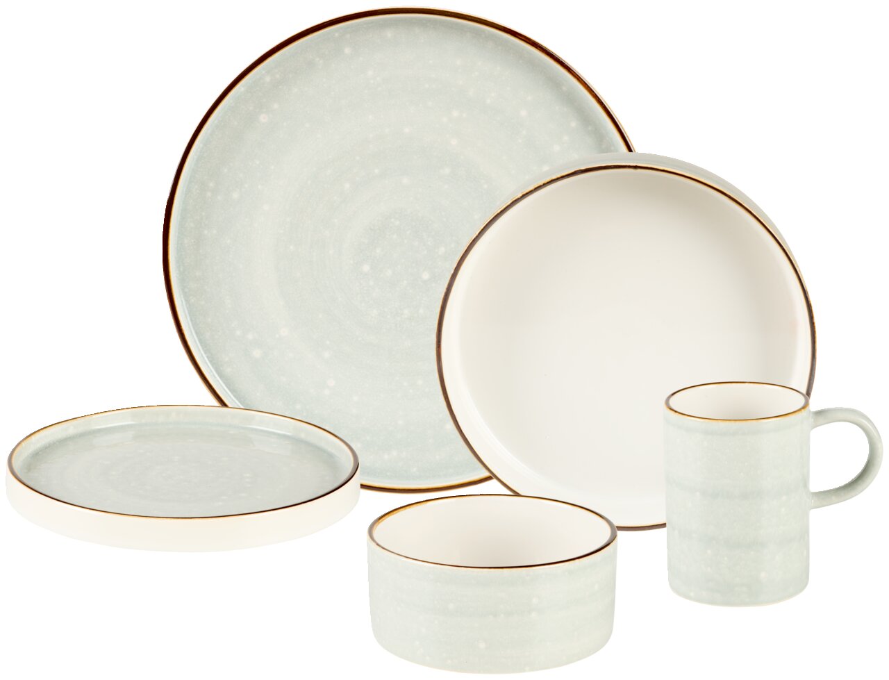 Kombiservice 10-tlg. in sanften Pastelltönen, bestehend aus Tellern, Schalen und einer Tasse, aus leicht erhöhter Perspektive fotografiert.