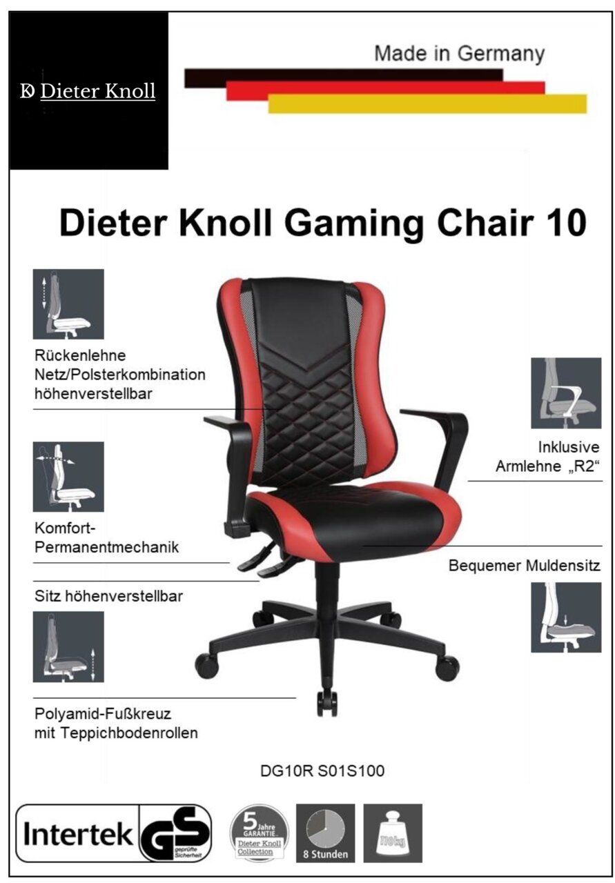 Racing Bürostuhl in Rot und Schwarz mit höhenverstellbarer Rückenlehne, Komfort-Permanentmechanik und bequemer Muldensitz, seitliche Perspektive