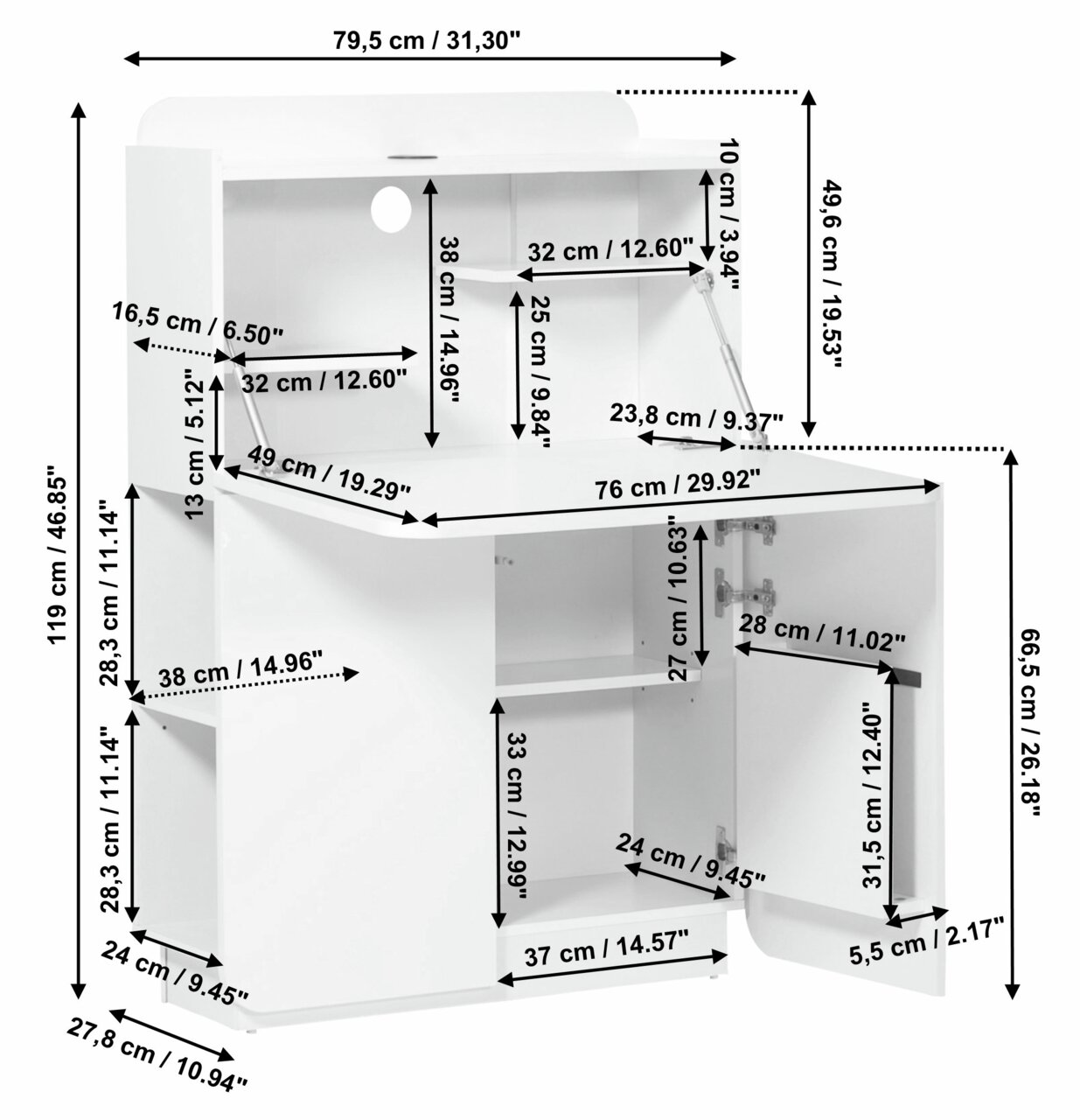 Witte secretaire met meerdere vakken en klapdeuren, afgebeeld vanuit een licht zijdelings perspectief met gedetailleerde afmetingen.