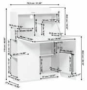 Witte secretaire met meerdere vakken en klapdeuren, afgebeeld vanuit een licht zijdelings perspectief met gedetailleerde afmetingen.