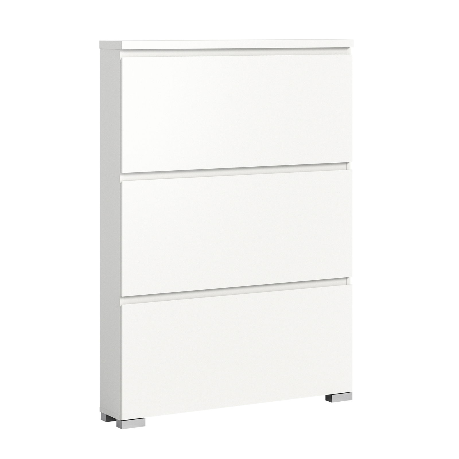 Weißer Schuhschrank mit drei Klappen, seitliche Perspektive