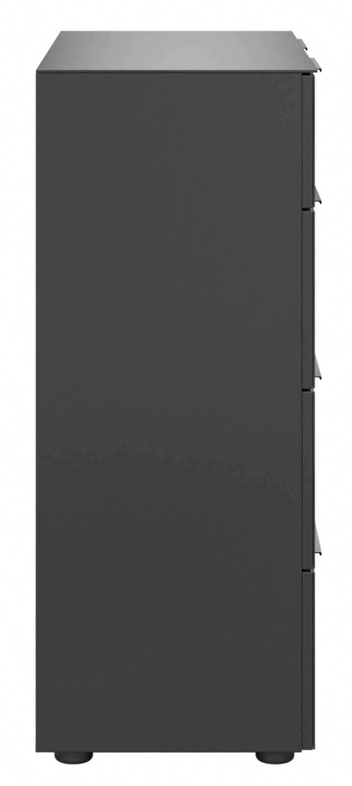 Seitenansicht einer schwarzen Kommode mit drei Schubladen.