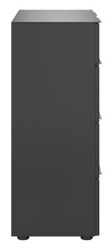 Seitenansicht einer schwarzen Kommode mit drei Schubladen.