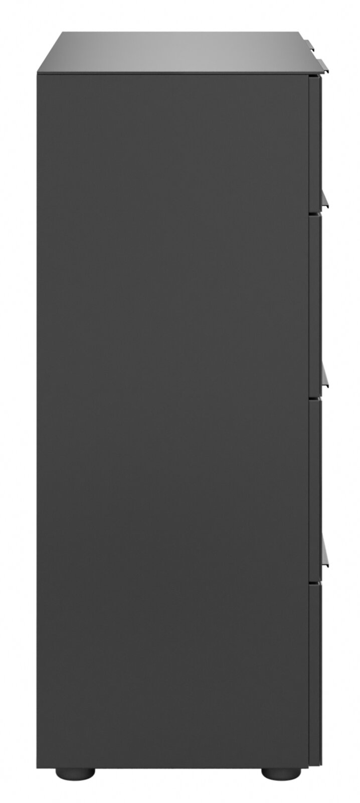 Seitenansicht einer schwarzen Kommode mit drei Schubladen.