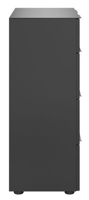 Seitenansicht einer schwarzen Kommode mit drei Schubladen.