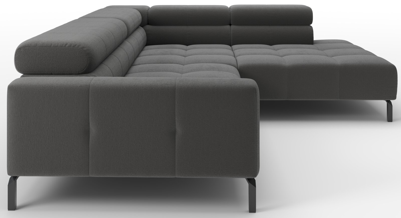 Donkergrijze ribstof hoekbank met chaise longue rechts, gecapitonneerde zitkussens en zwarte metalen poten, gezien schuin van voren/zijaanzicht