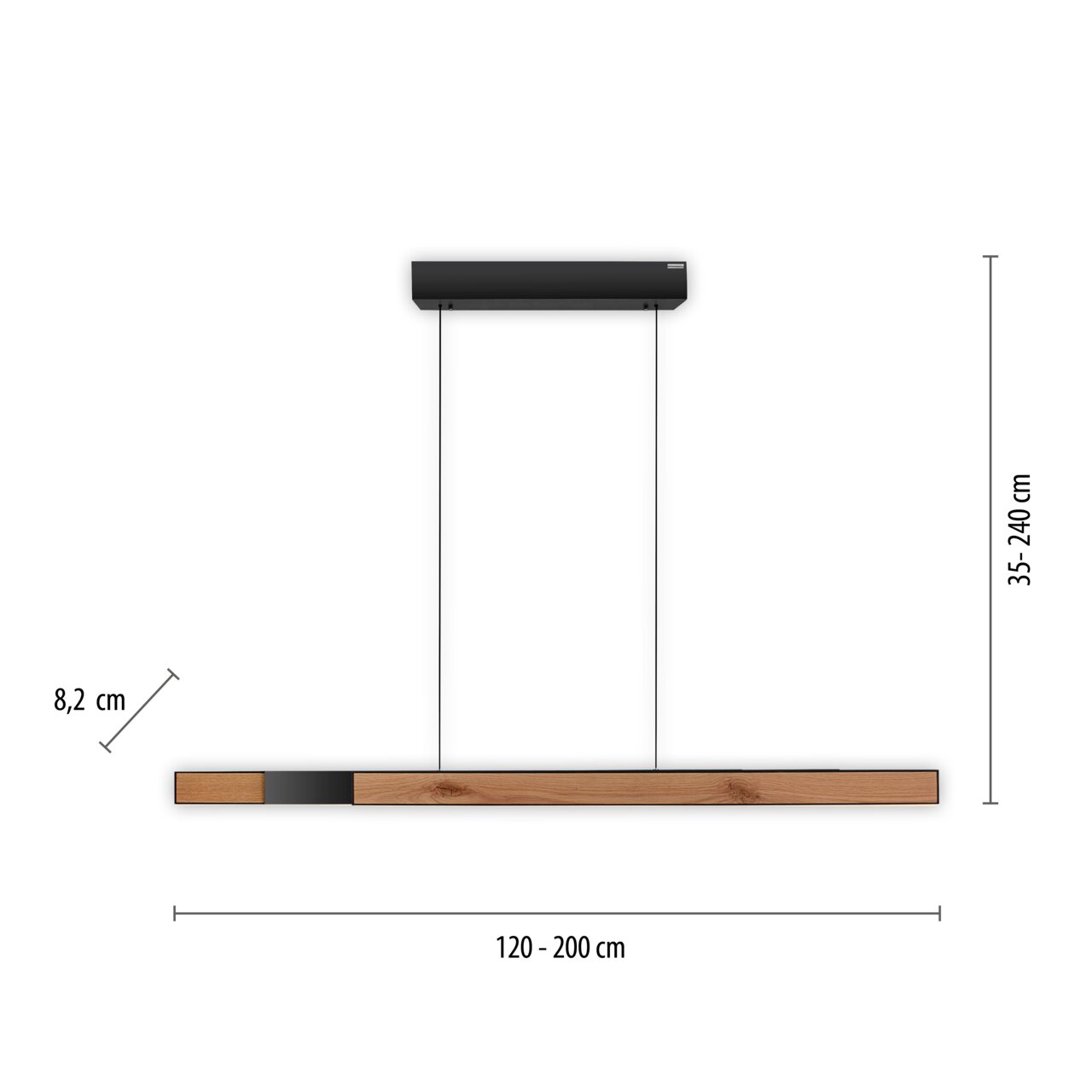Pendelleuchte PURE-MOTO-RISE in Seitenansicht, verstellbar von 120 bis 200 cm Länge, mit einer Höhe von 35 bis 240 cm. Kombination aus Holz und Metall.