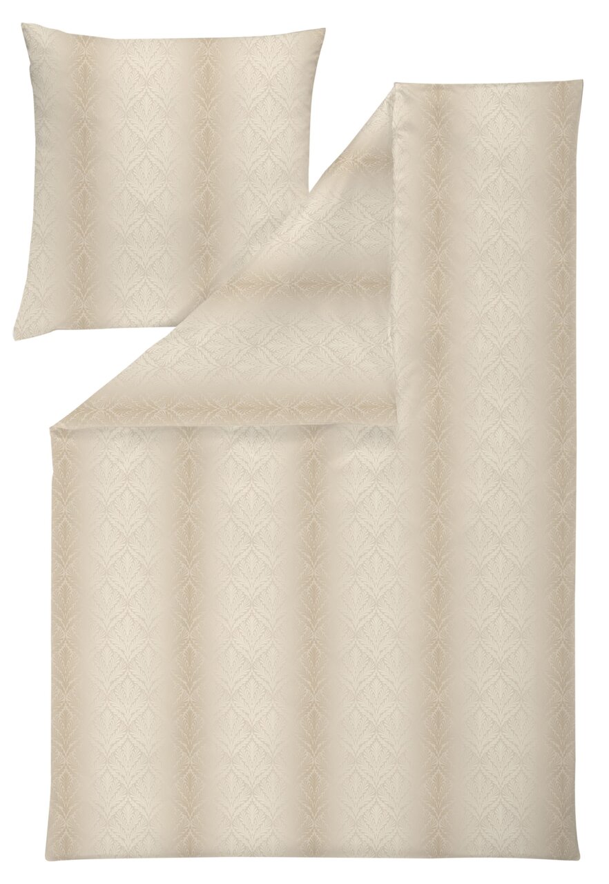 Bettwäsche-Set in Beige mit dezentem Muster, bestehend aus einem Kissenbezug und einem Bettdeckenbezug, aus der Vogelperspektive fotografiert.