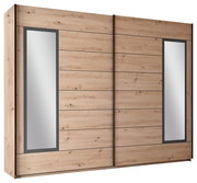 Schwebetürenschrank 2-türig in Holzoptik mit zwei großen Spiegeln, seitliche Perspektive