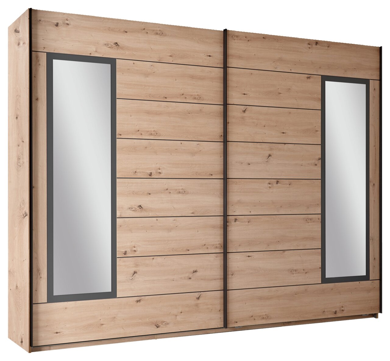 Schwebetürenschrank 2-türig in Holzoptik mit zwei großen Spiegeln, seitliche Perspektive