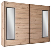 Schwebetürenschrank 2-türig in Holzoptik mit zwei großen Spiegeln, seitliche Perspektive