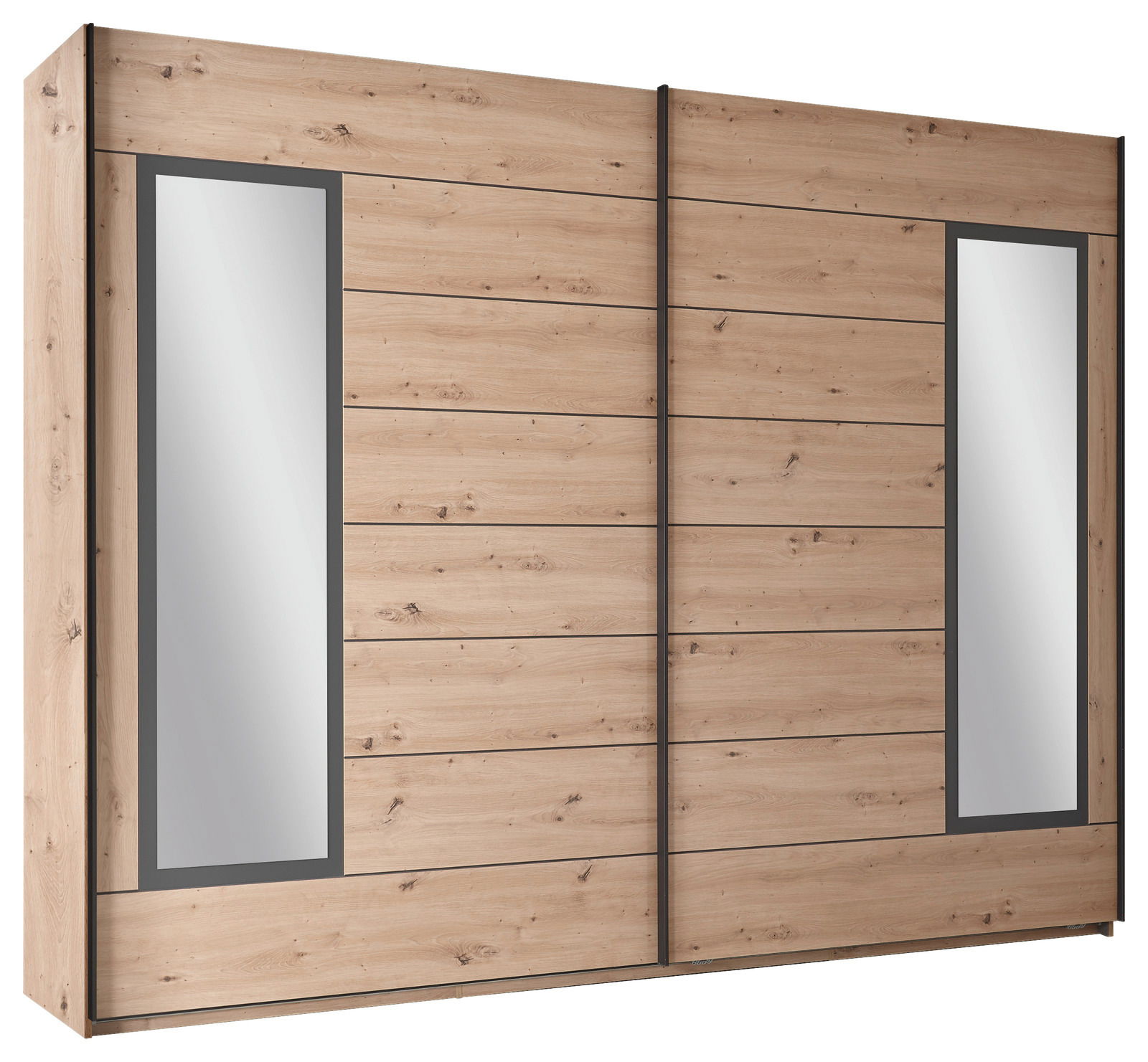 Schwebetürenschrank 2-türig in Holzoptik mit zwei großen Spiegeln, seitliche Perspektive
