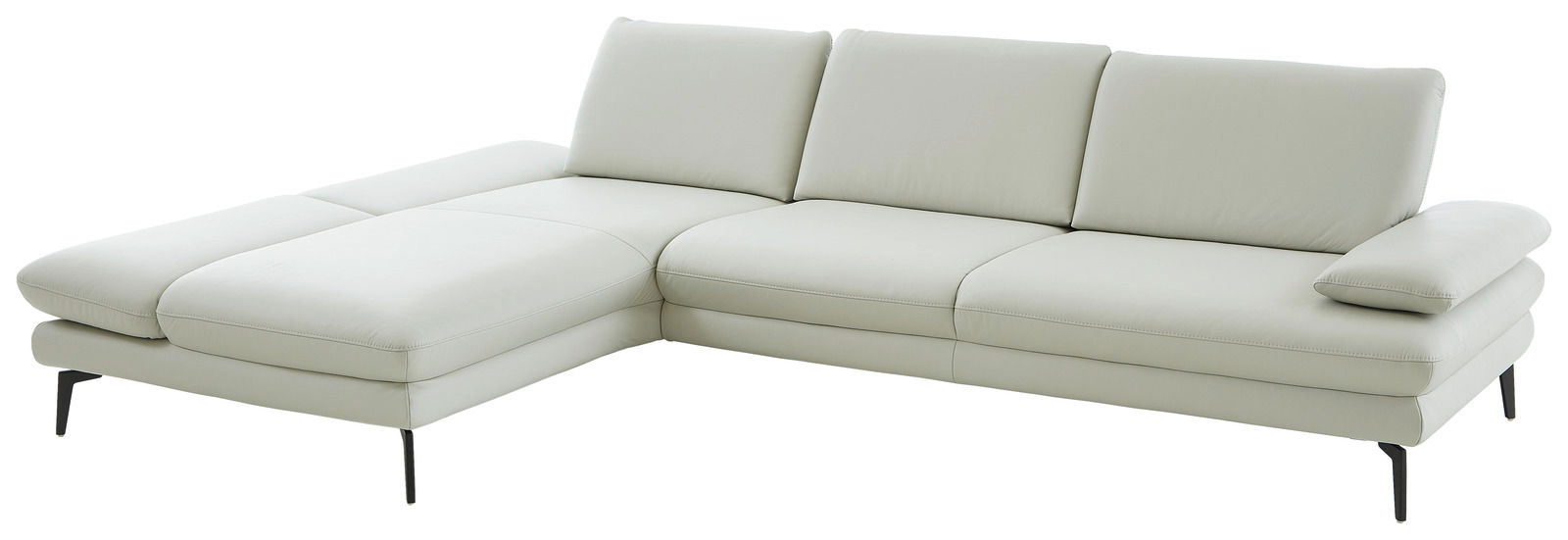 Helle Longchairkombination in L-Form mit drei Sitzplätzen und einem Longchair auf der linken Seite, seitliche Perspektive