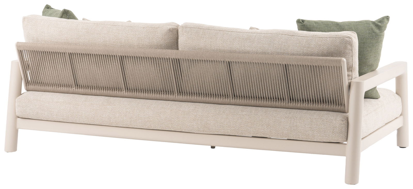 Rückansicht eines 3-Sitzer Loungesofas mit beigem Stoff und grünen Kissen, modernes Design mit geflochtener Rückenlehne.