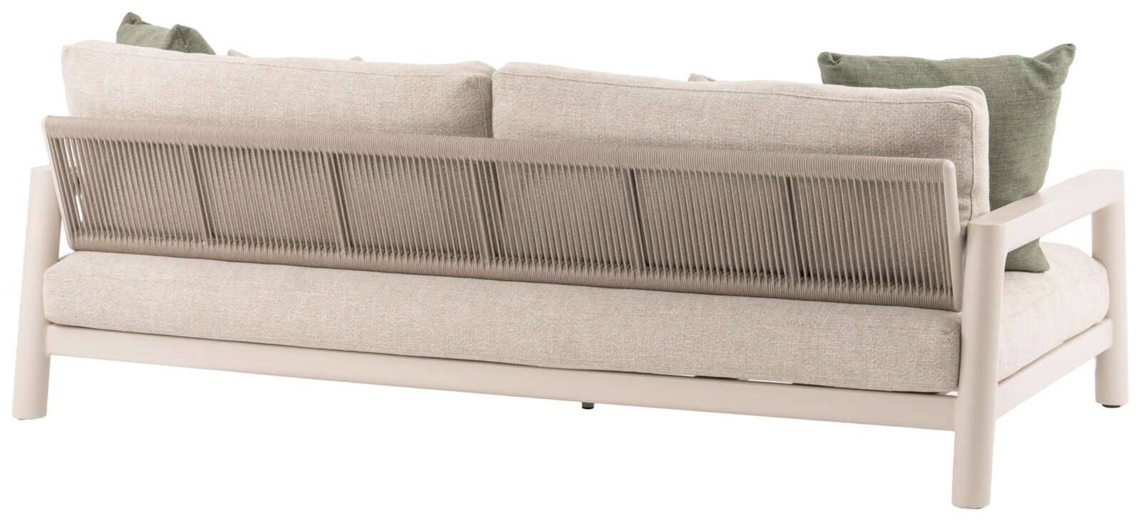 Achterkant van een driezits loungebank met beige bekleding en groene kussens, modern ontwerp met gevlochten rugleuning.