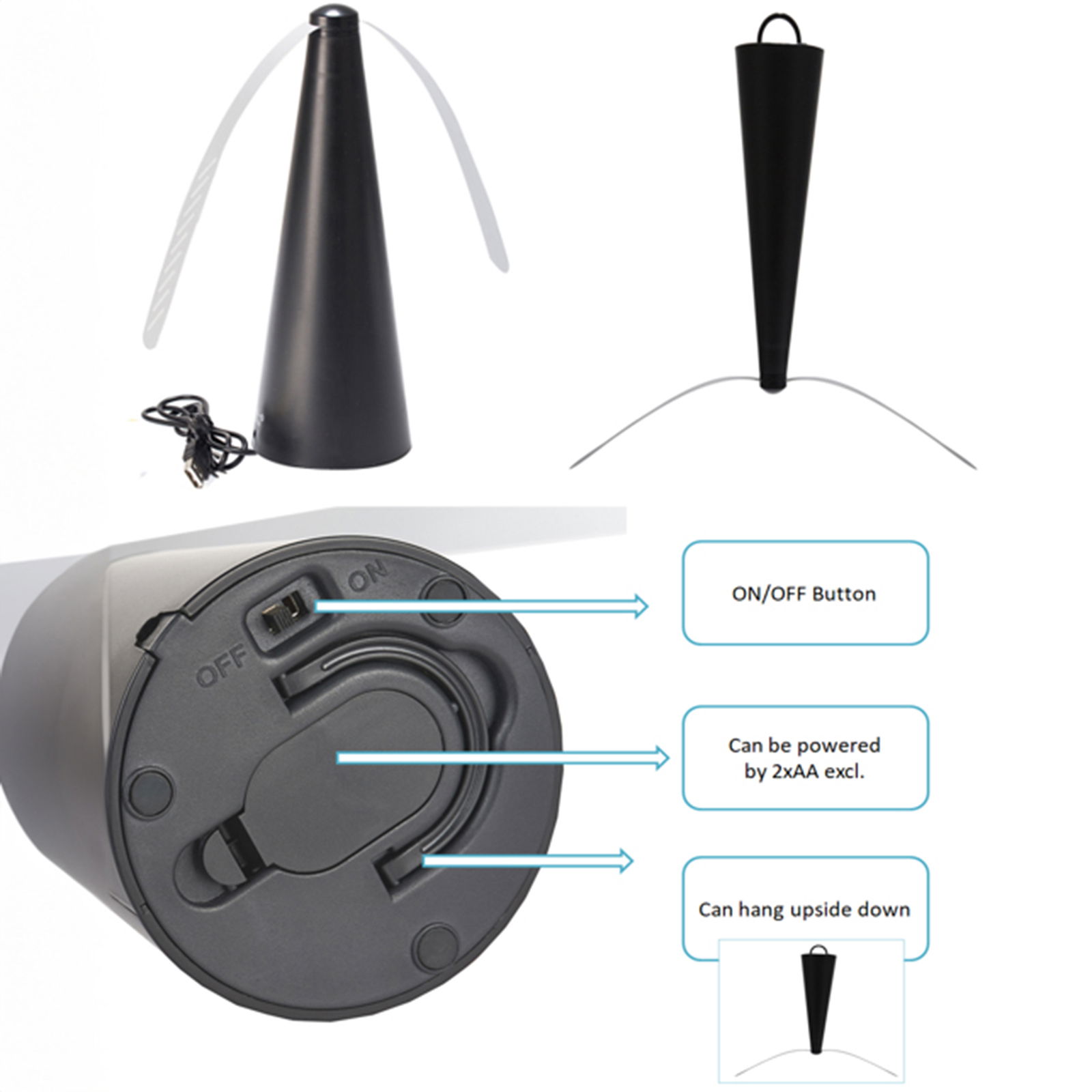 Schwarzer Fliegenwedler mit konischer Form, zwei rotierenden Flügeln, ON/OFF-Schalter und Batteriefach für 2xAA-Batterien, kann kopfüber aufgehängt werden, seitliche Perspektive.