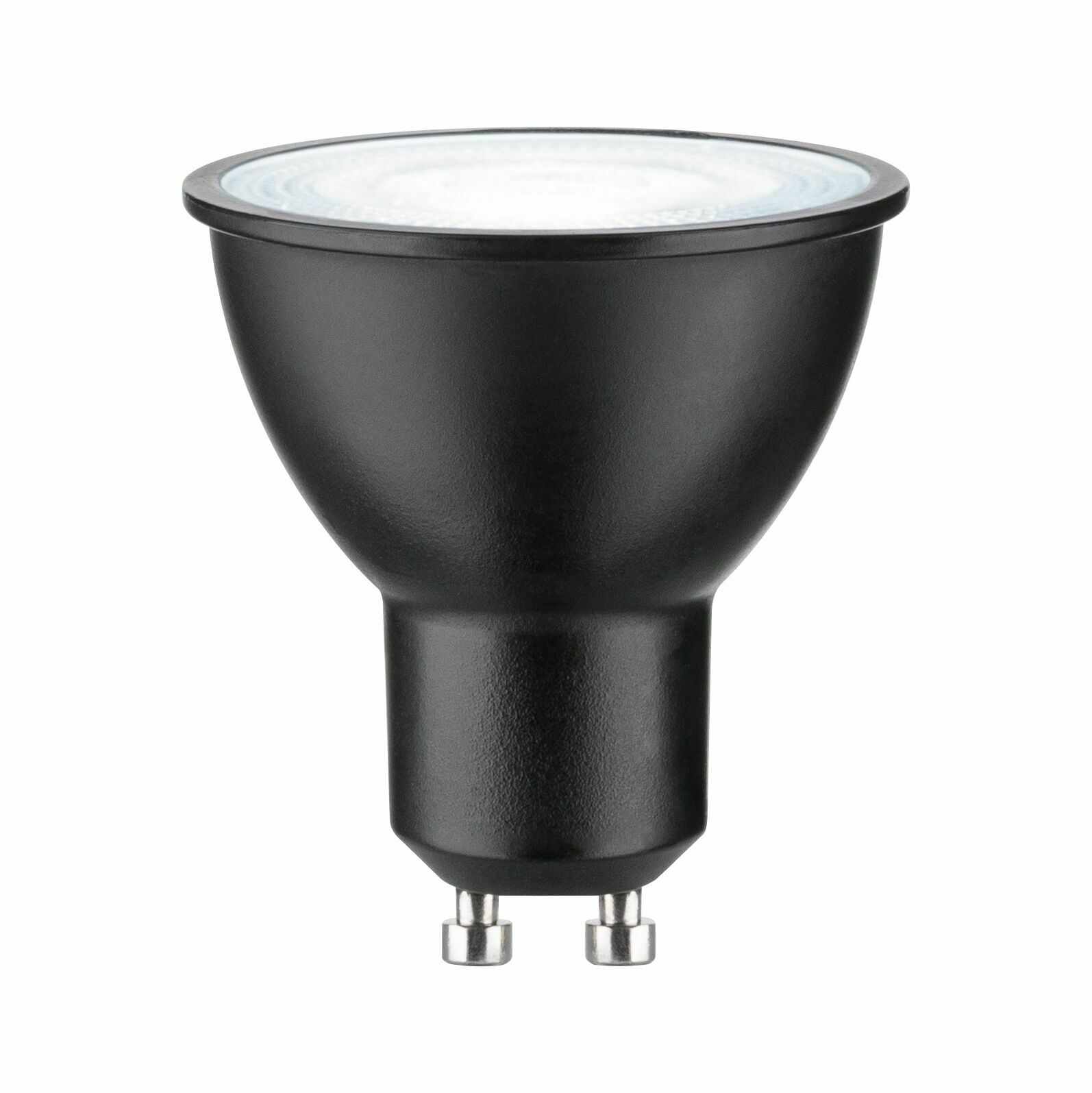 Schwarzes LED Leuchtmittel mit GU10-Sockel, seitliche Perspektive