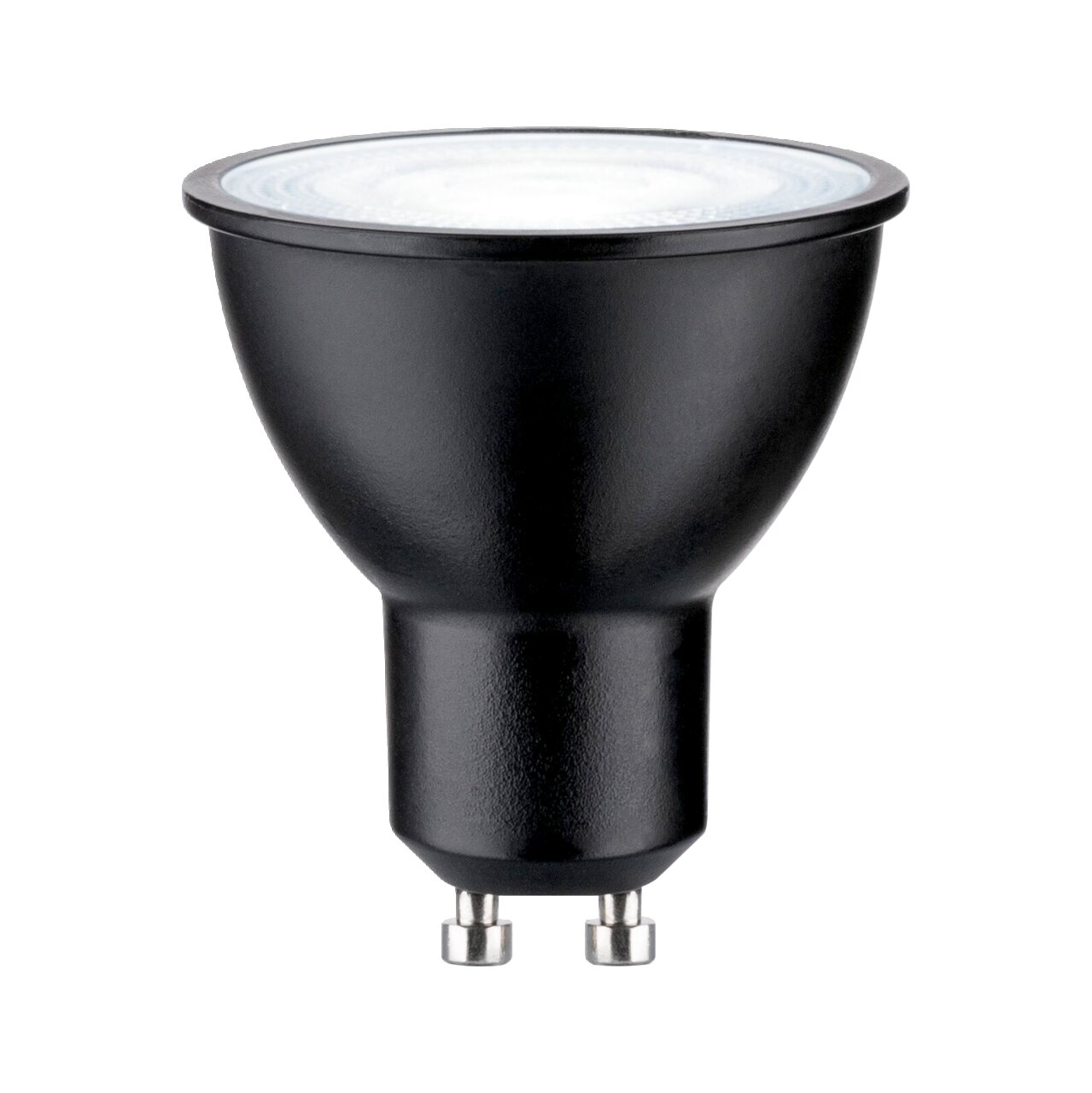 Schwarzes LED Leuchtmittel mit GU10-Sockel, seitliche Perspektive